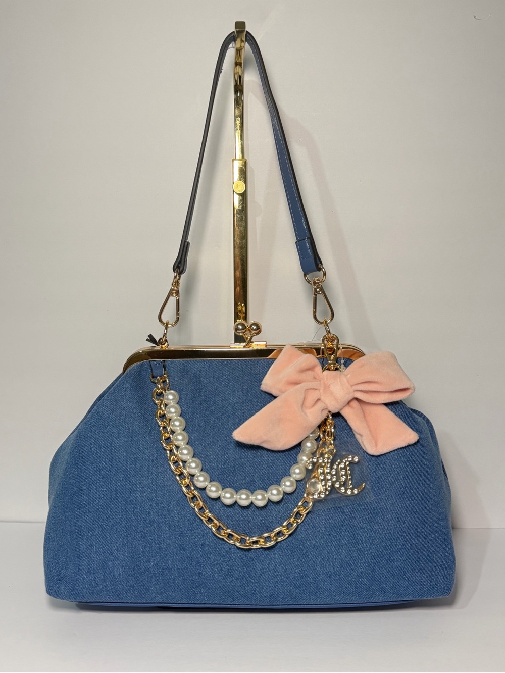 Blue Denim juicy couture kiss lock -Top Shoulder Bag with bow